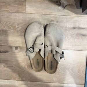 Steve Madden Taupe Suede Buckle Clogs